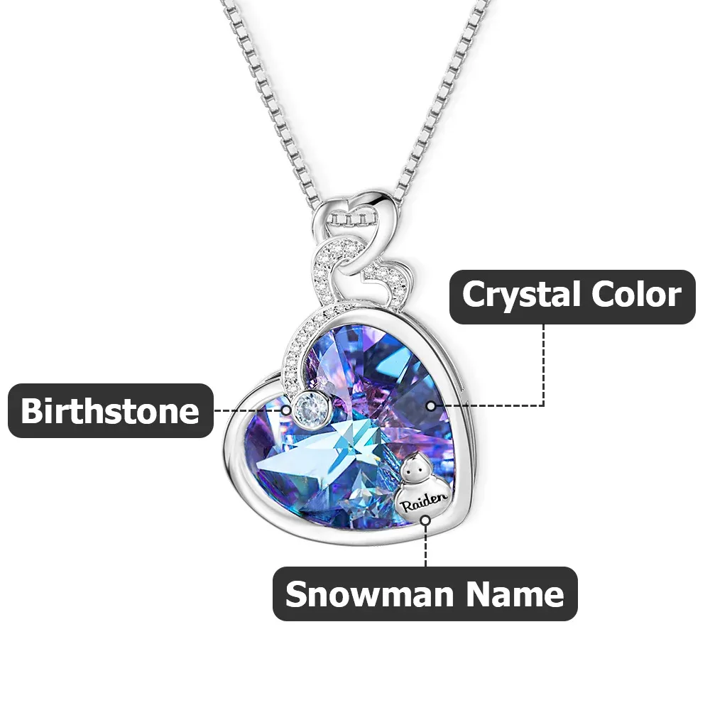 Personalised Snowman Family Heart Necklace with Engraved Names and Birthstone Jewellery
