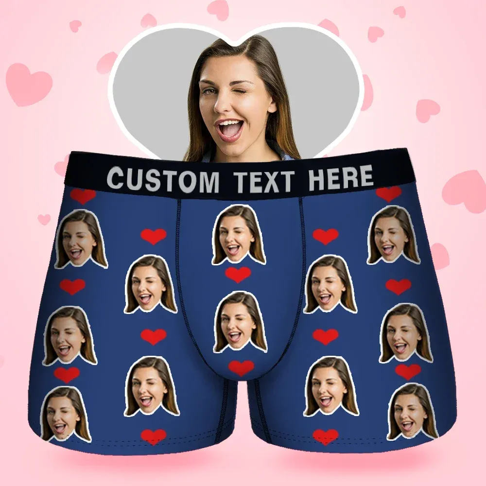Custom Face Men's Boxer Sweet Heart Love Style Underwear, Birthday Gifts for Husband, Waistband Text Boxer Gift