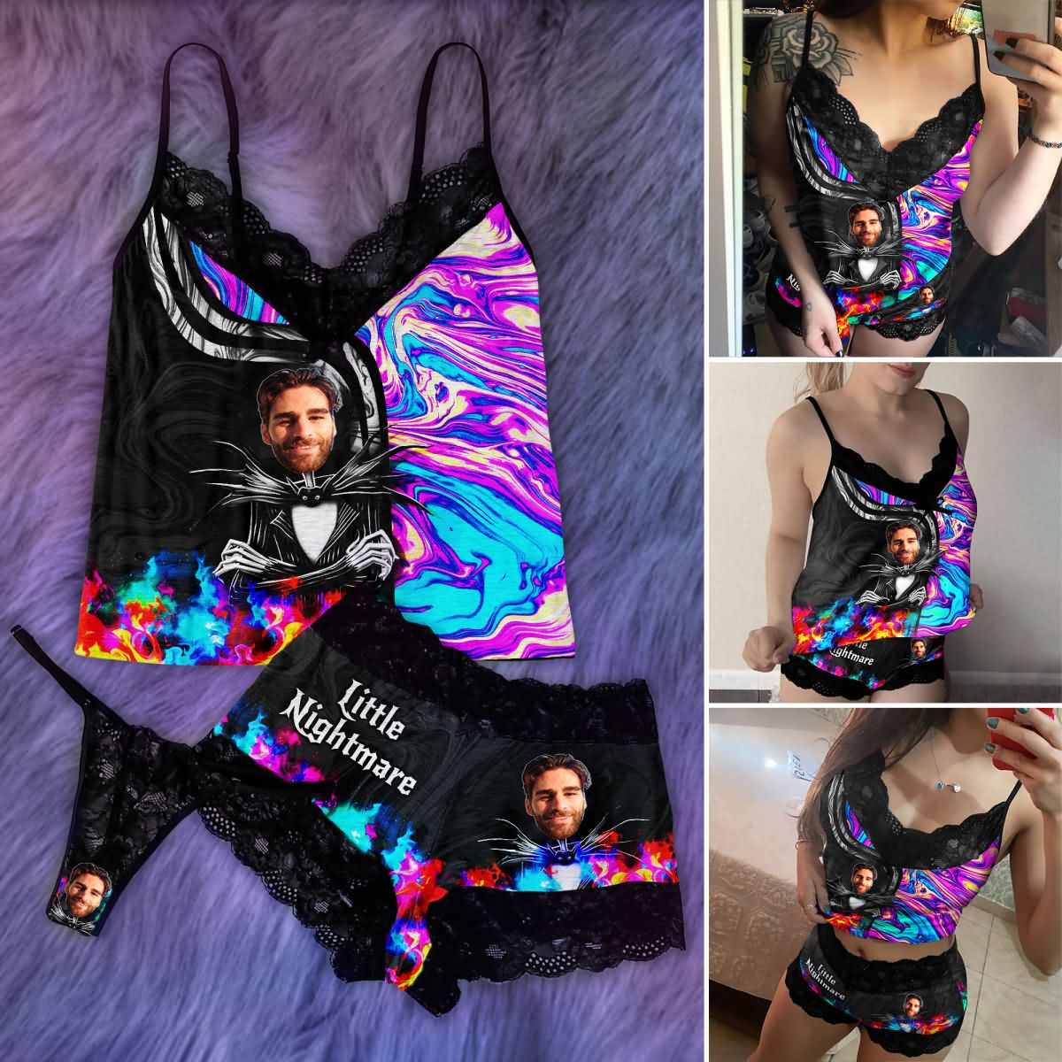 Women's Pajama Set, Sexy Nightmare Lace 3 Piece Sleepwear