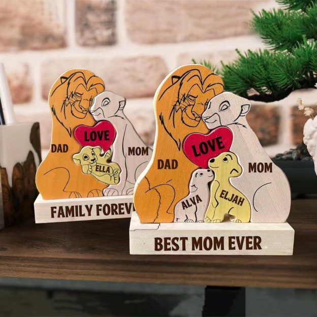Lion Family Members Custom Carved Wooden Jigsaw Puzzle, Family Gift