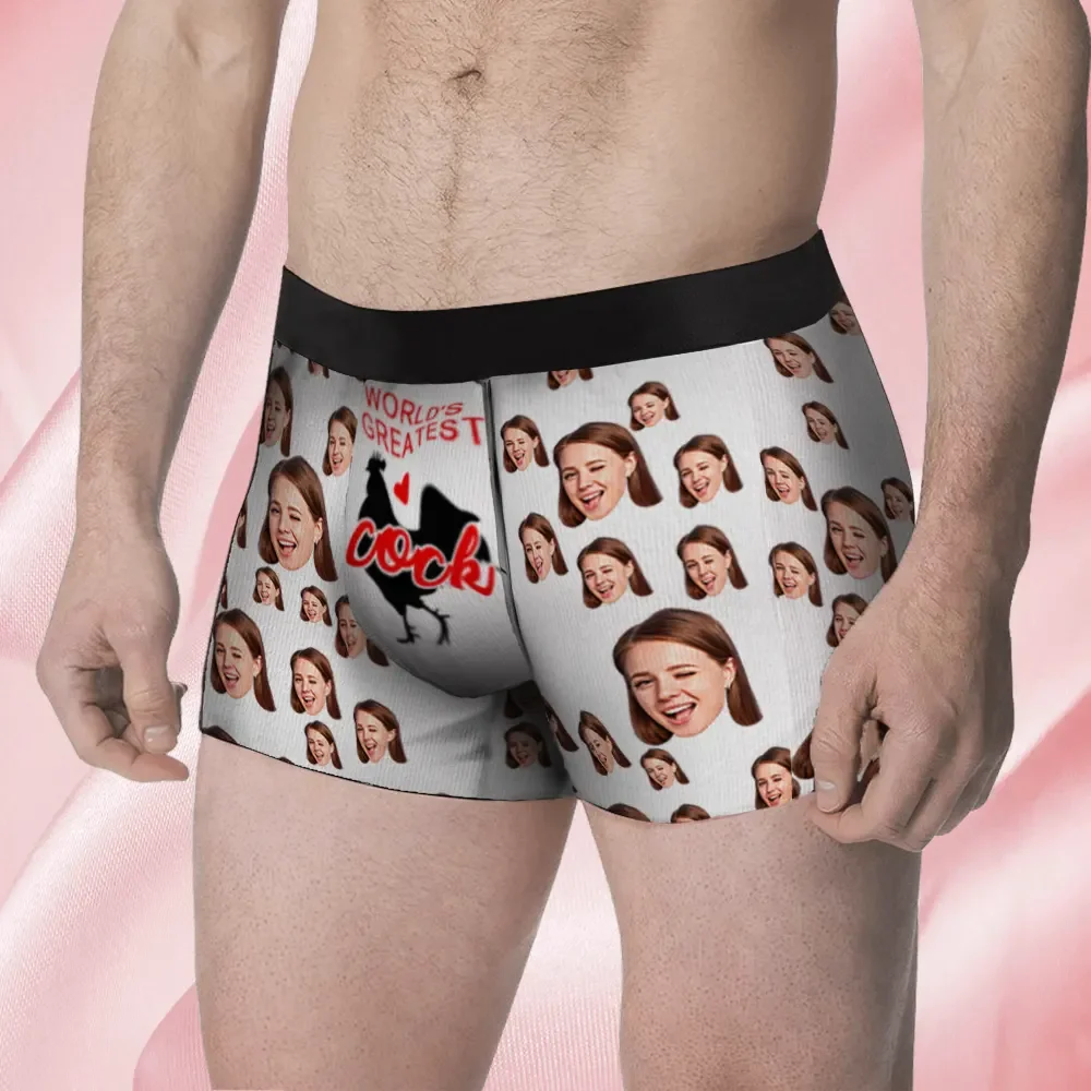 Custom Face Men's Boxer World's Greatest Cock Underwear, Valentine's Day Boxer Gifts for Husband, Waistband Text Boxer Gift