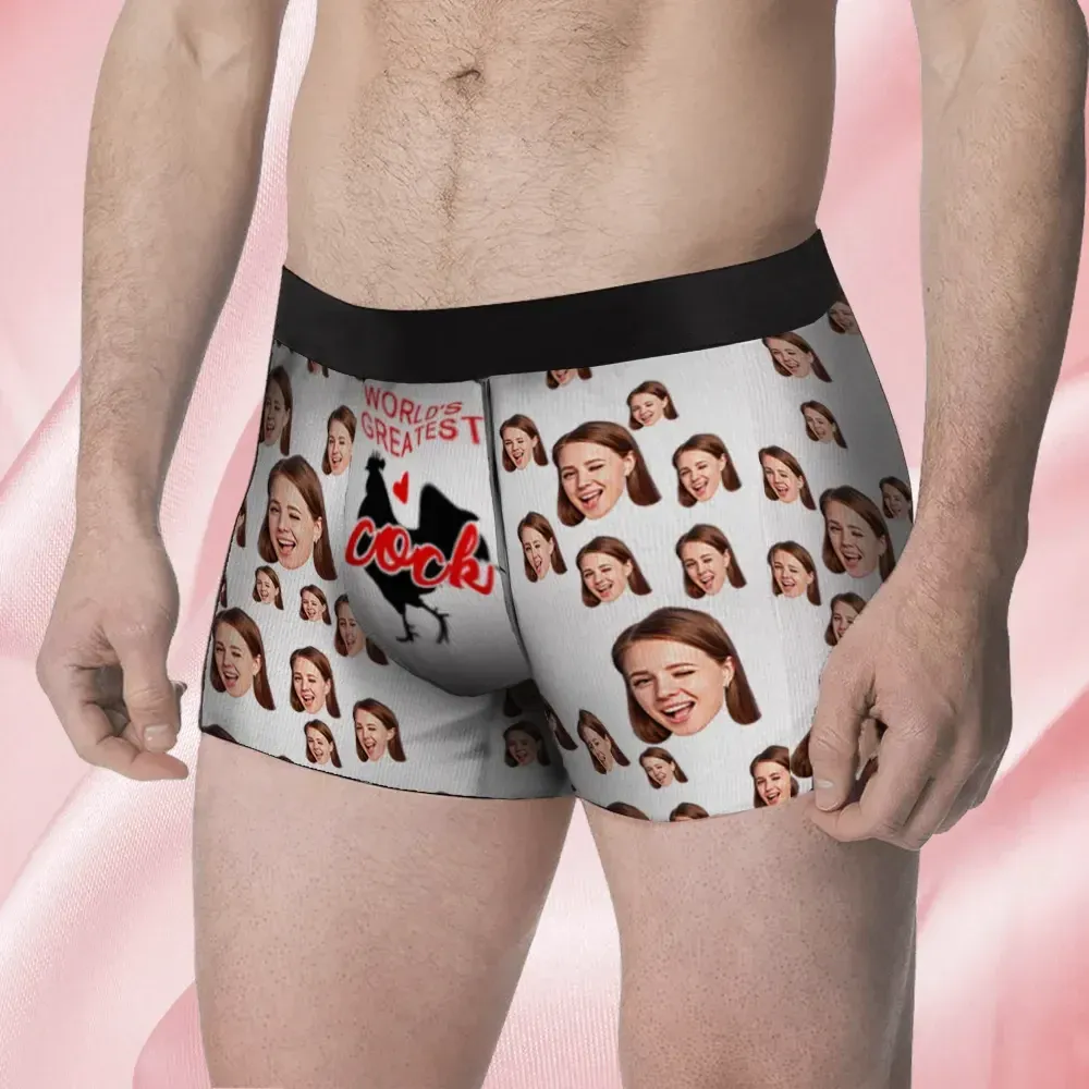 Custom Face Men's Boxer World's Greatest Cock Underwear, Valentine's Day Boxer Gifts for Husband, Waistband Text Boxer Gift