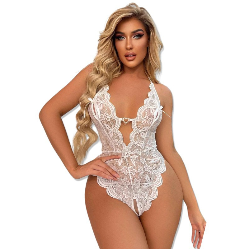 Deep V crotch lace one-piece pajamas