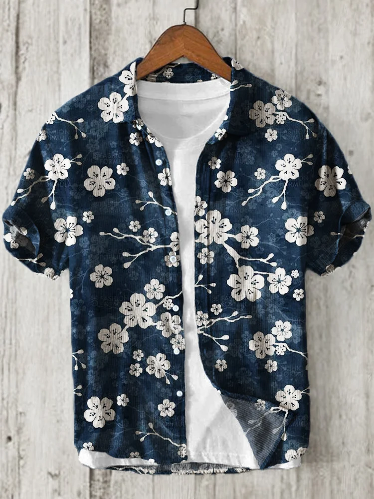 Cherry Blossom Japanese Pattern Linen Blend Shirt