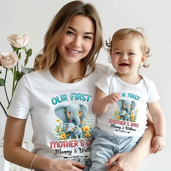 Personalized Cute Elephant Our First Mother's Day Cotton T-shirt with Text First Mother's Day Birthday Gift for New Mommy