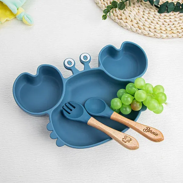 Personalized Food Grade Silicone Baby Feeding Set with Crab Shape Divided Suction Plate Baby Led Weaning Supplies for Kid Toddler Dinnerware