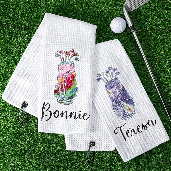 Personalized Colorful Golfing Clubs Golf Waffle Towel Absorb Sweat with Hanging Clip Name Birthday Gift for Golf Lovers