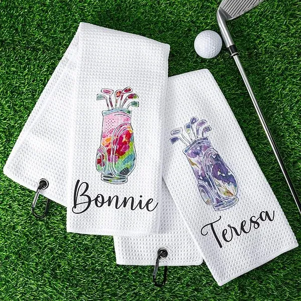 Personalized Colorful Golfing Clubs Golf Waffle Towel Absorb Sweat with Hanging Clip Name Birthday Gift for Golf Lovers