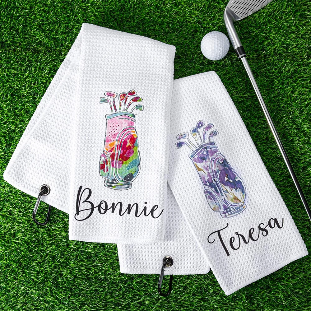 Personalized Colorful Golfing Clubs Golf Waffle Towel Absorb Sweat with Hanging Clip Name Birthday Gift for Golf Lovers