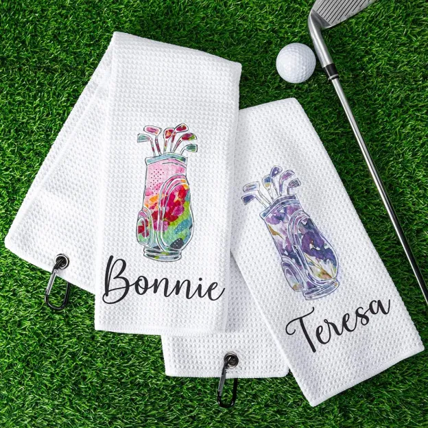 Personalized Colorful Golfing Clubs Golf Waffle Towel Absorb Sweat with Hanging Clip Name Birthday Gift for Golf Lovers