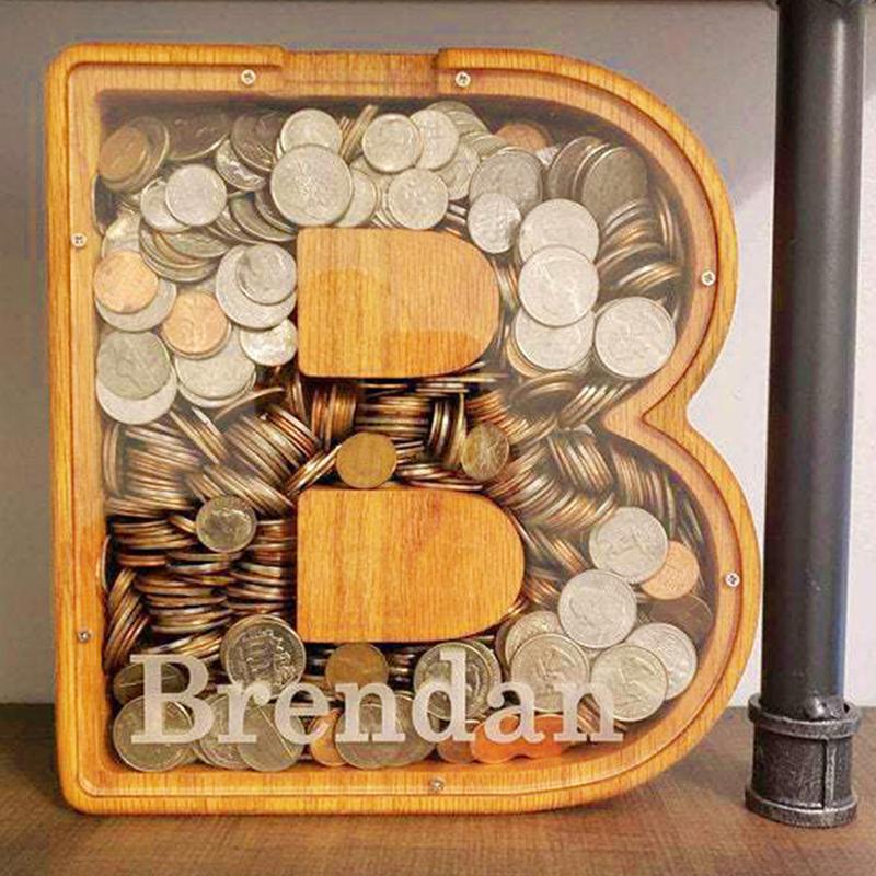 1Pc Wooden Letter Piggy Bank,Coins Jar, HomeDesktop Crafts Orament Decor