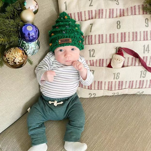 Custom Name Leather Patch Christmas Tree Personalized Crochet Hat