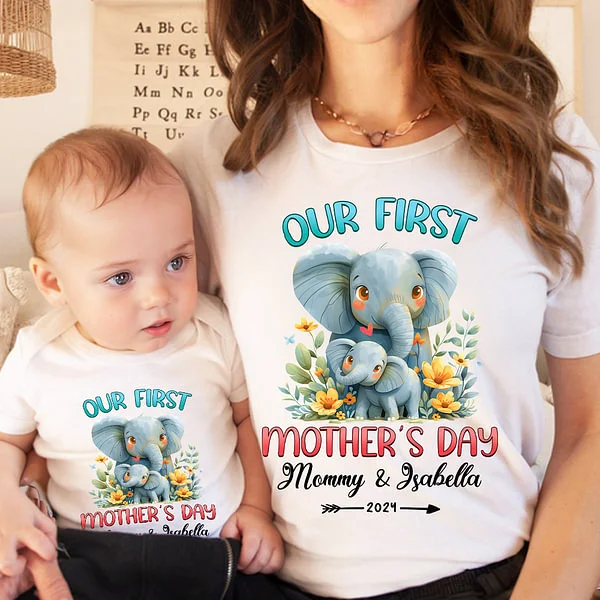 Personalized Cute Elephant Our First Mother's Day Cotton T-shirt with Text First Mother's Day Birthday Gift for New Mommy