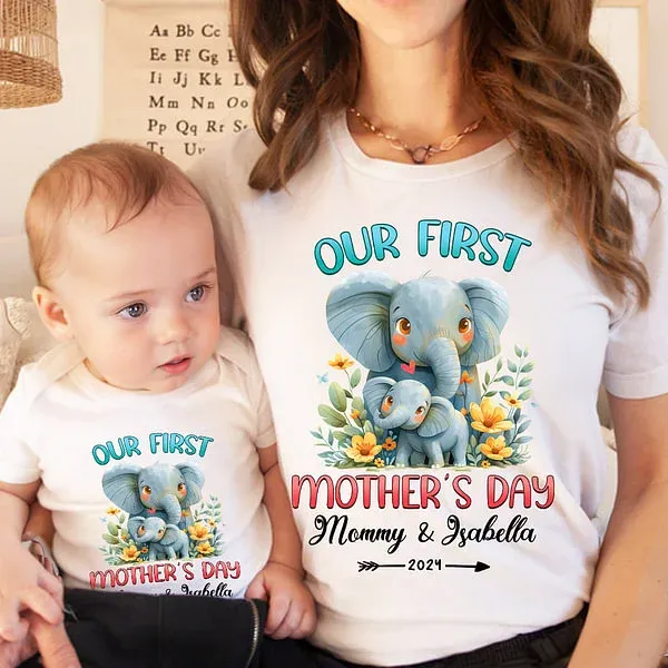 Personalized Cute Elephant Our First Mother's Day Cotton T-shirt with Text First Mother's Day Birthday Gift for New Mommy