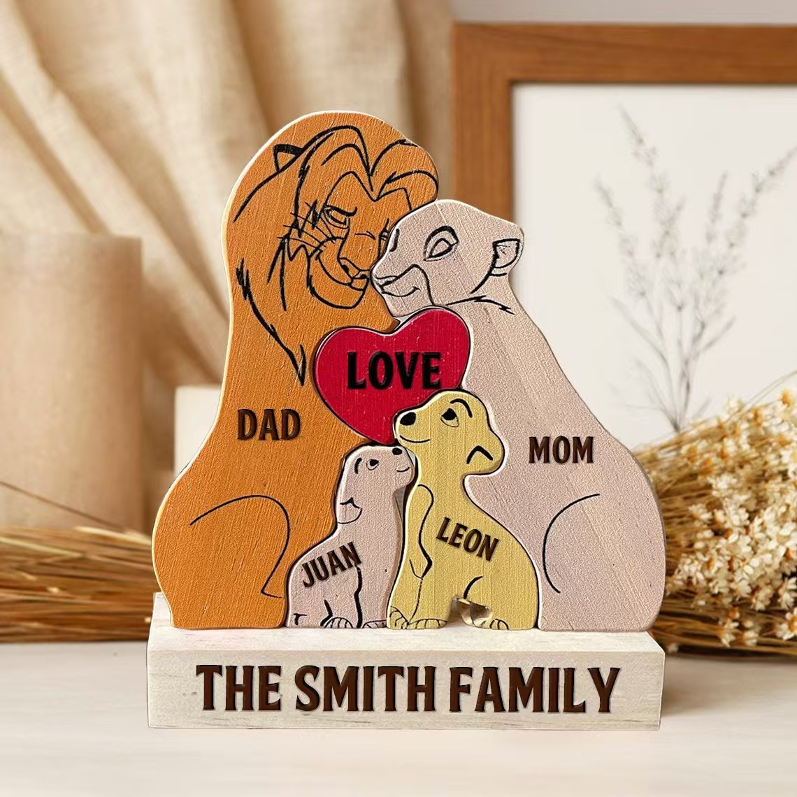 Lion Family Members Custom Carved Wooden Jigsaw Puzzle, Family Gift