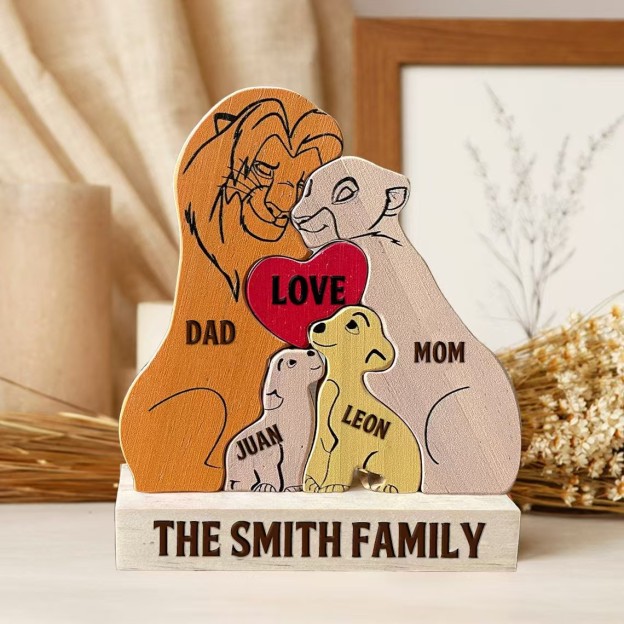 Lion Family Members Custom Carved Wooden Jigsaw Puzzle, Family Gift