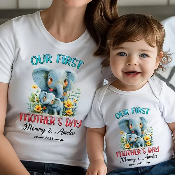 Personalized Cute Elephant Our First Mother's Day Cotton T-shirt with Text First Mother's Day Birthday Gift for New Mommy