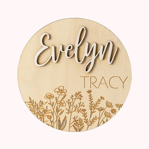 Personalized Wood Baby Birth Announcement Sign with Wildflower and Name
