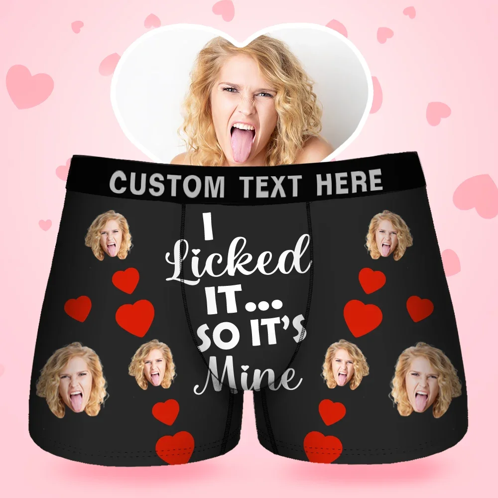 Personalized Face Photo Boxer Brief with Love Hearts I Sucked It So Its Mine Funny Quote Men's Underwear Valentine's Day Birthday Gift for Him