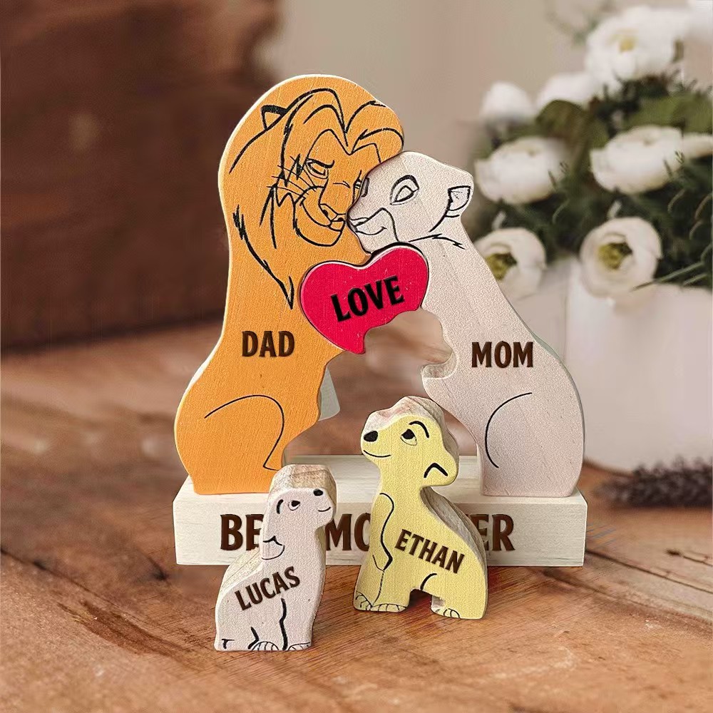 Lion Family Members Custom Carved Wooden Jigsaw Puzzle, Family Gift