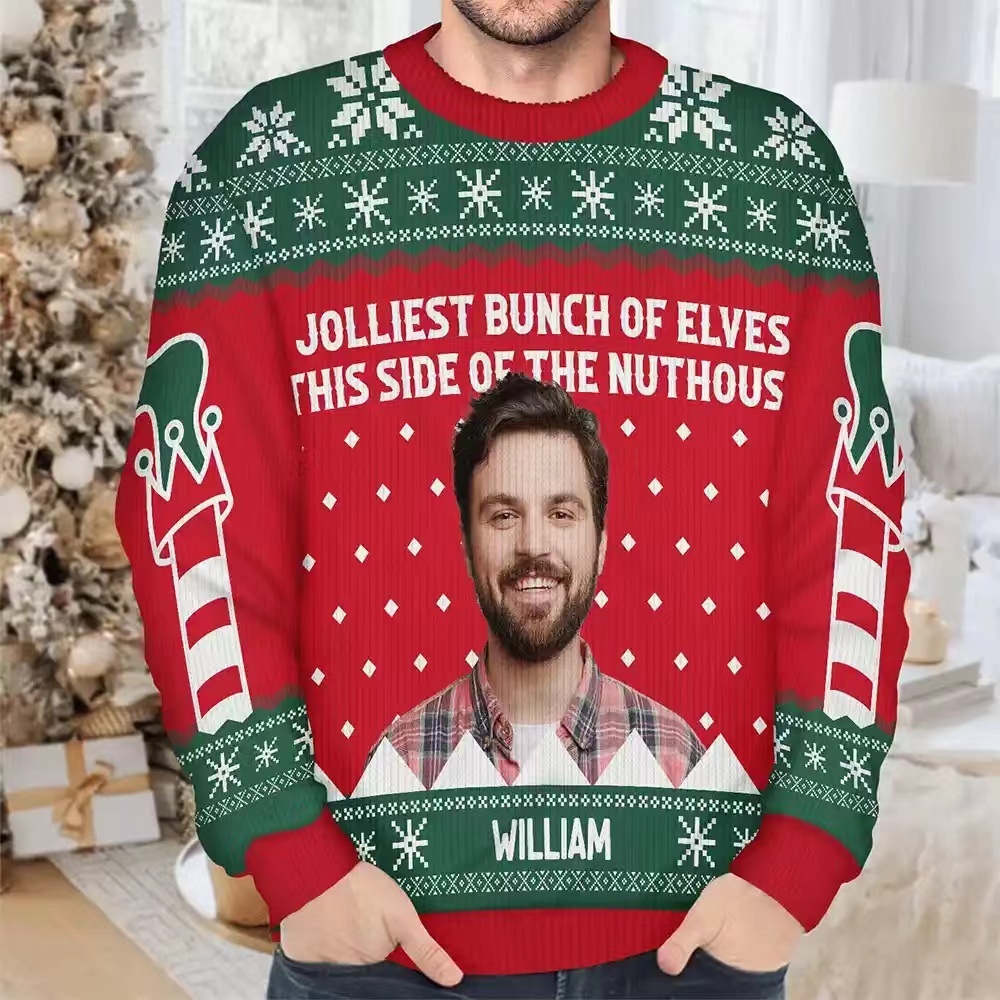 Custom Photo Jolliest Bunch Of Elves - Personalized Unisex Ugly Sweater