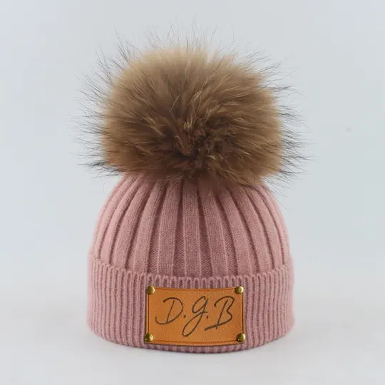 5 Colors Personalized Knitted PomPom Hat(Vegan Leather Patch)