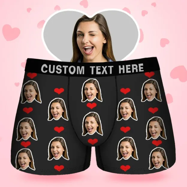 Custom Face Men's Boxer Sweet Heart Love Style Underwear, Birthday Gifts for Husband, Waistband Text Boxer Gift