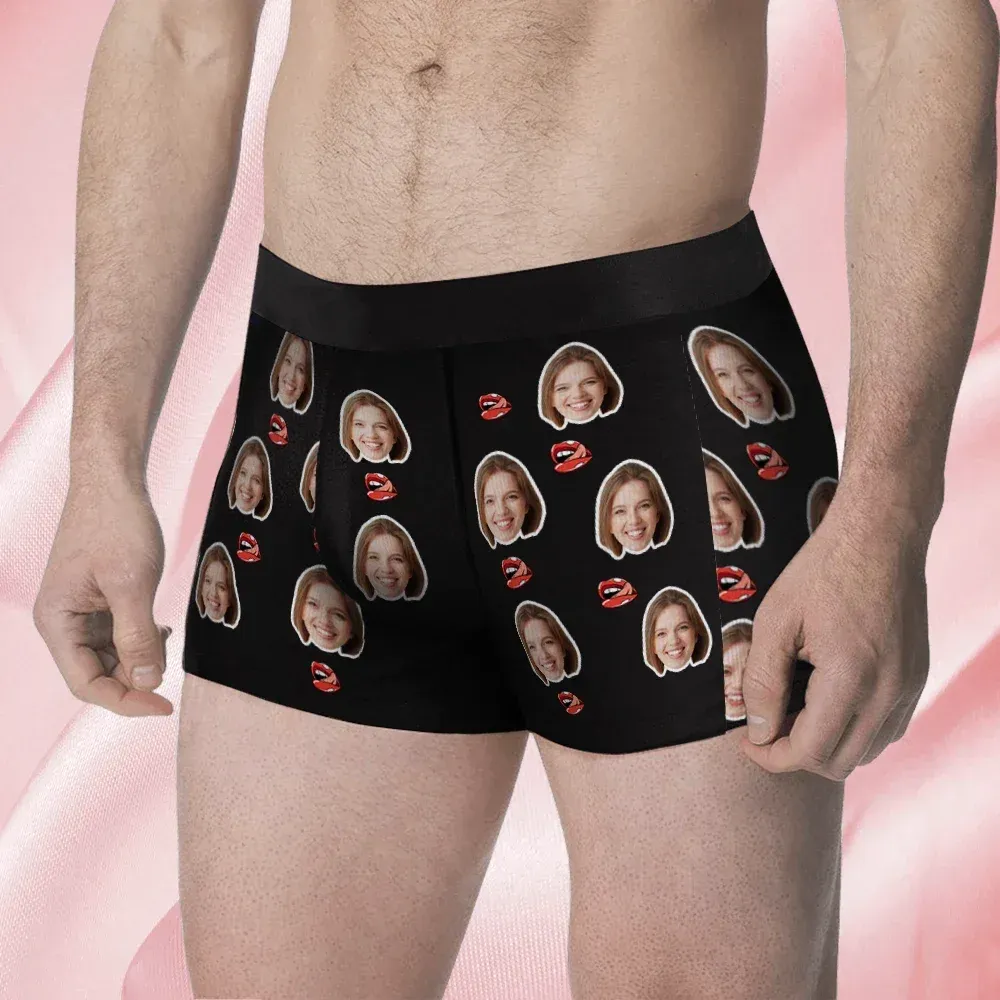 Father's Day Gifts Custom Face Men's Boxer Kiss Lip Gift For Him Couple Style Underwear, Birthday Gifts for Husband, Waistband Text Boxer Gift