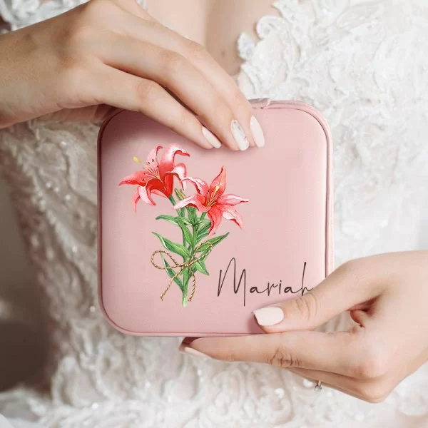 Personalized Leather Name Travel Jewelry Box with Watercolor Birth Flowers Bouquet Portable Jewelry Case for Women Girls
