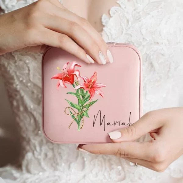 Personalized Leather Name Travel Jewelry Box with Watercolor Birth Flowers Bouquet Portable Jewelry Case for Women Girls