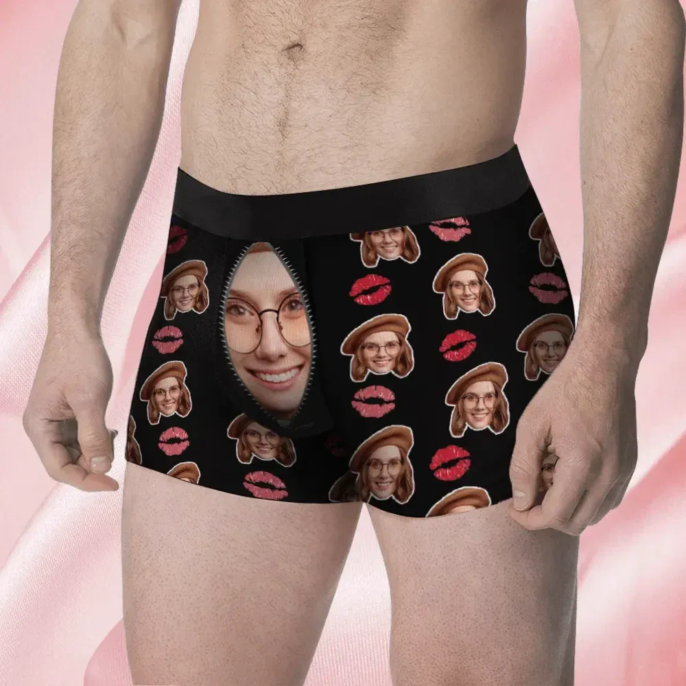 Custom Face Men's Boxer Love Heart Girlfriend Style Underwear, Birthday Gifts for Husband, Waistband Text Boxer Gift