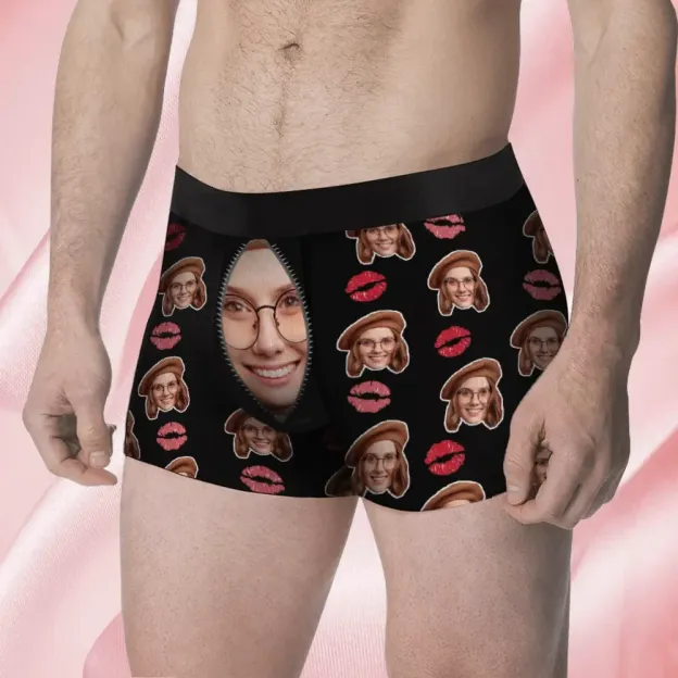 Custom Face Men's Boxer Love Heart Girlfriend Style Underwear, Birthday Gifts for Husband, Waistband Text Boxer Gift