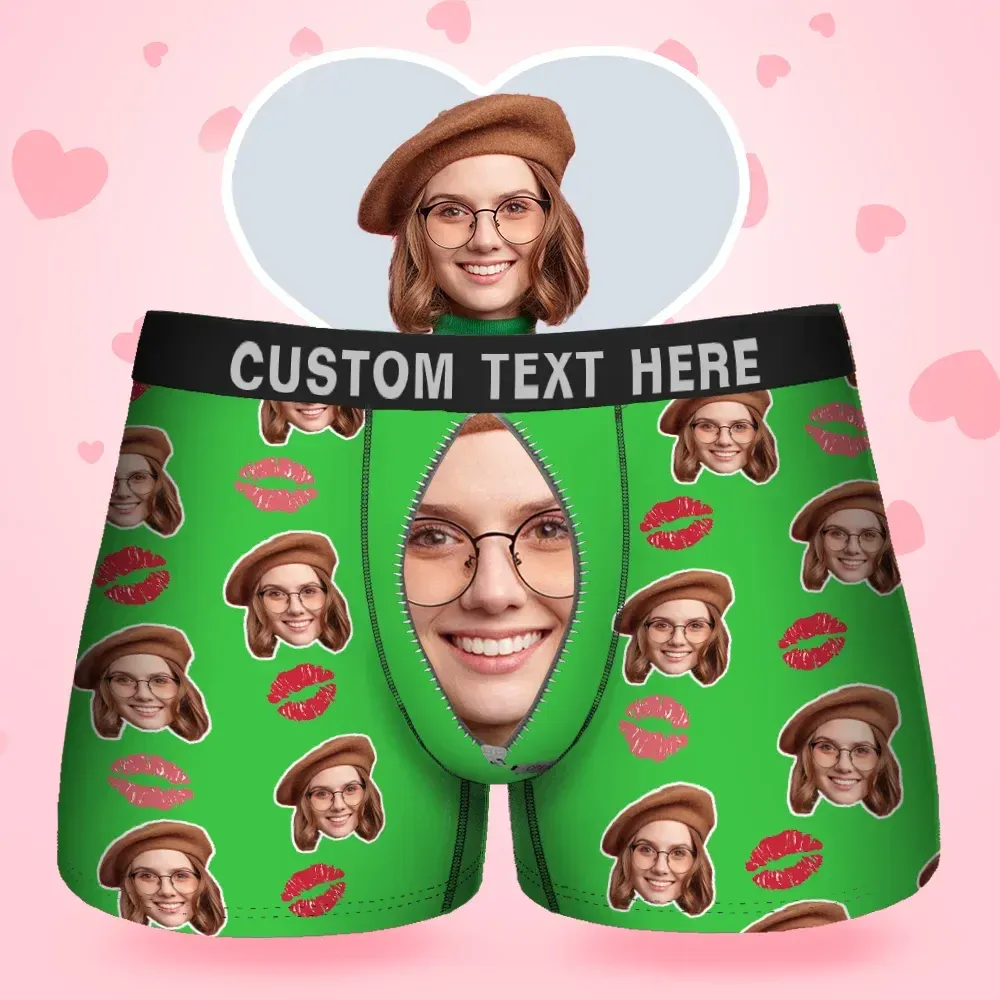 Custom Face Men's Boxer Love Heart Girlfriend Style Underwear, Birthday Gifts for Husband, Waistband Text Boxer Gift