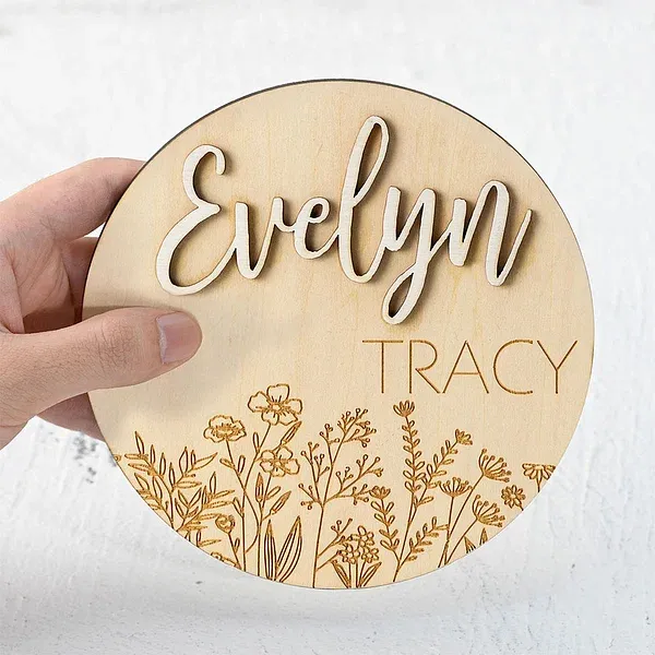 Personalized Wood Baby Birth Announcement Sign with Wildflower and Name