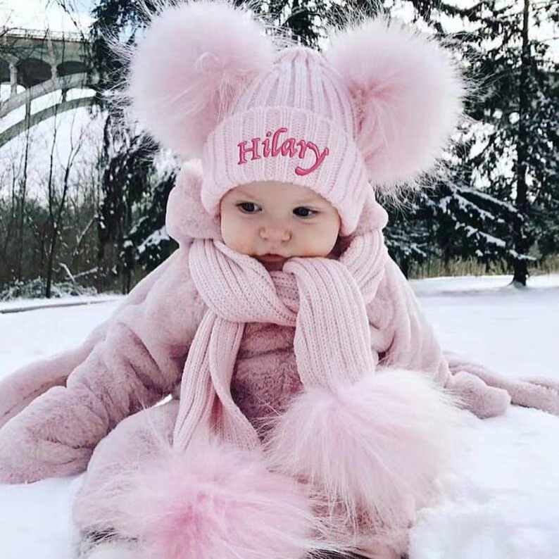 Personalized Embroidery Kid Pom Pom Hat and Scarf for Comfort & Unique 