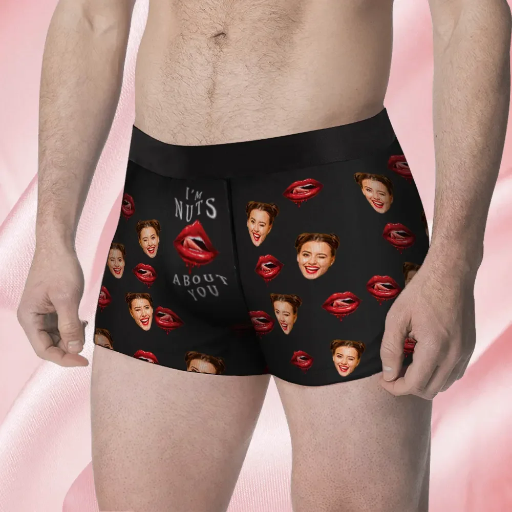 Custom Face Men's Boxer I'M Nuts About You For Boyfriend Style Underwear, Birthday Gifts for Husband, Waistband Text Boxer Gift