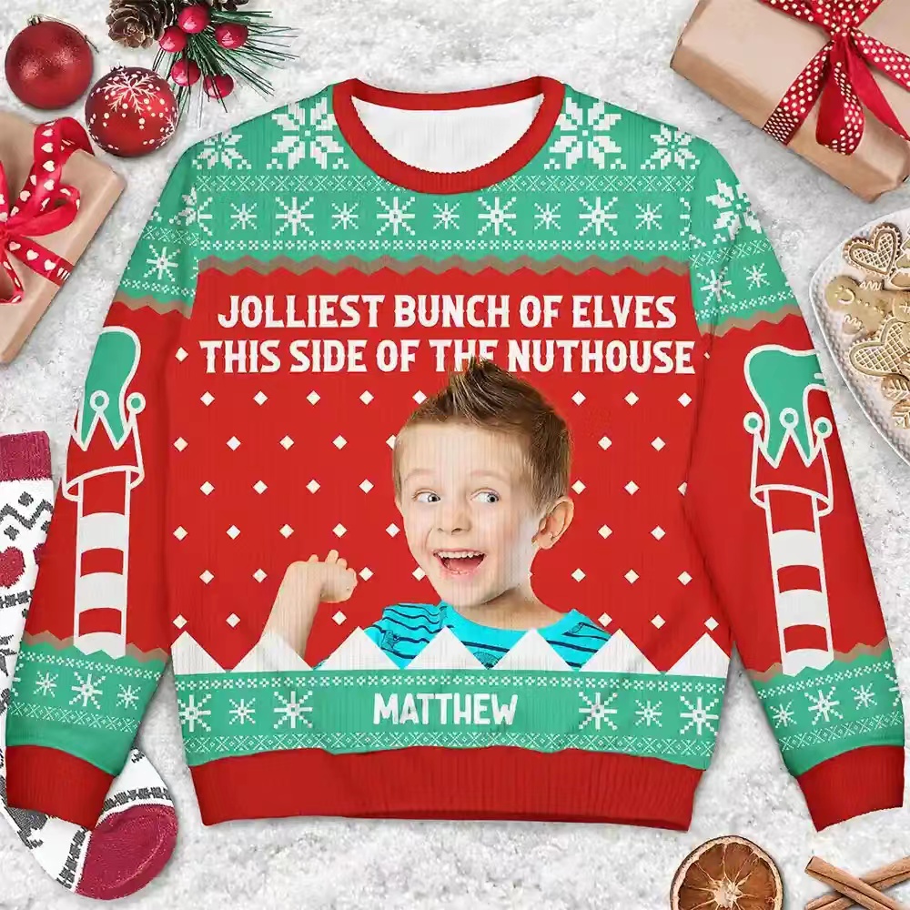 Custom Photo Jolliest Bunch Of Elves - Personalized Unisex Ugly Sweater