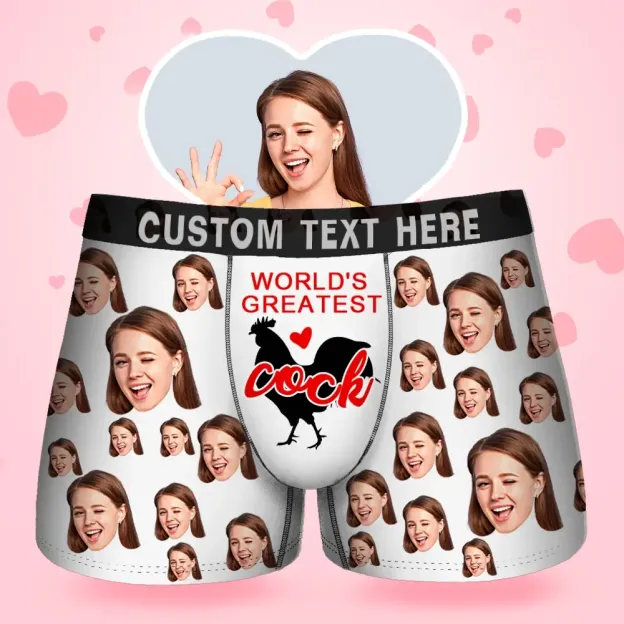 Custom Face Men's Boxer World's Greatest Cock Underwear, Valentine's Day Boxer Gifts for Husband, Waistband Text Boxer Gift