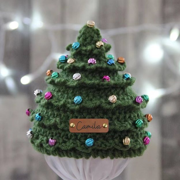 Custom Name Leather Patch Christmas Tree Personalized Crochet Hat