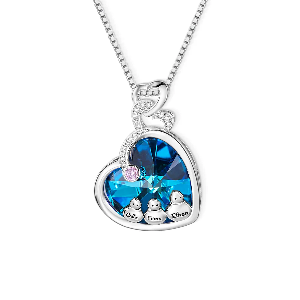 Personalised Snowman Family Heart Necklace with Engraved Names and Birthstone Jewellery