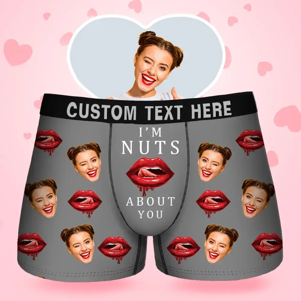 Custom Face Men's Boxer I'M Nuts About You For Boyfriend Style Underwear, Birthday Gifts for Husband, Waistband Text Boxer Gift