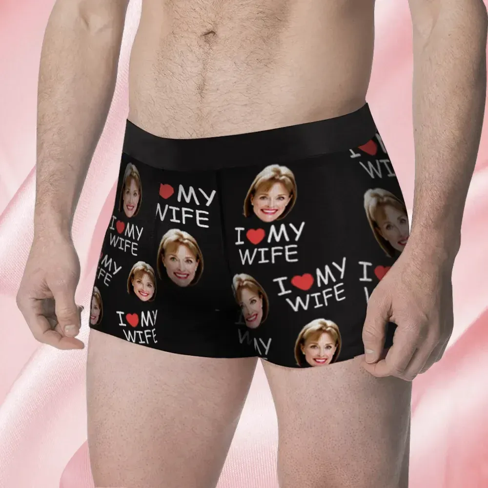 Custom Face Men's Boxer I Love My Wife Style Underwear, Birthday Gifts for Husband, Waistband Text Boxer Gift