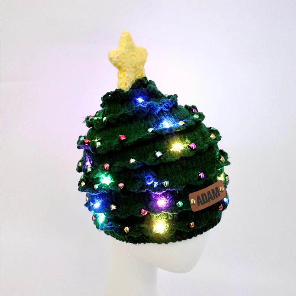 Custom Name Leather Patch Christmas Tree Personalized Crochet Hat