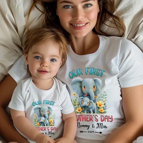 Personalized Cute Elephant Our First Mother's Day Cotton T-shirt with Text First Mother's Day Birthday Gift for New Mommy