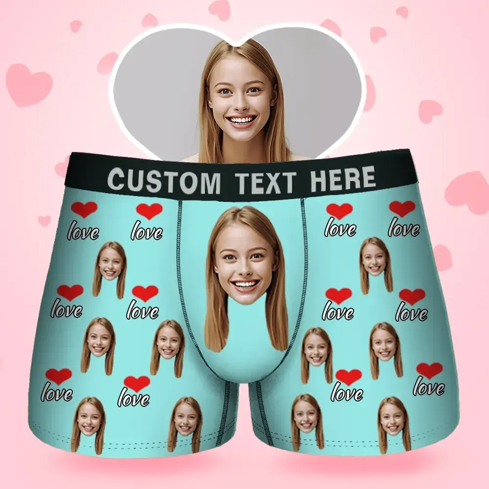 Father's Day Gifts Custom Face Men's BoxerLove Red Heart Style Underwear, Birthday Gifts for Husband, Waistband Text Boxer Gift