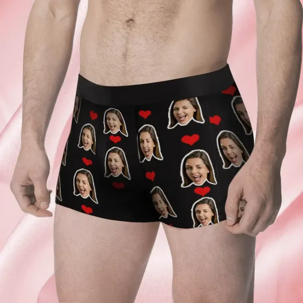 Custom Face Men's Boxer Sweet Heart Love Style Underwear, Birthday Gifts for Husband, Waistband Text Boxer Gift