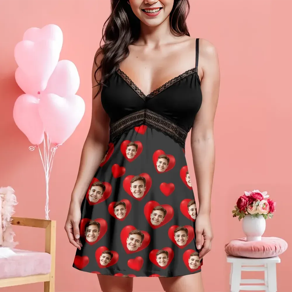 Custom Face Women Lace Suspender Sleepwear Personalized Heart V-neck Multi-Color Nightwear