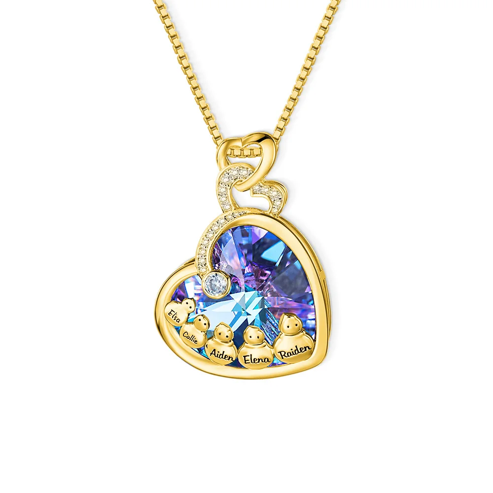 Personalised Snowman Family Heart Necklace with Engraved Names and Birthstone Jewellery