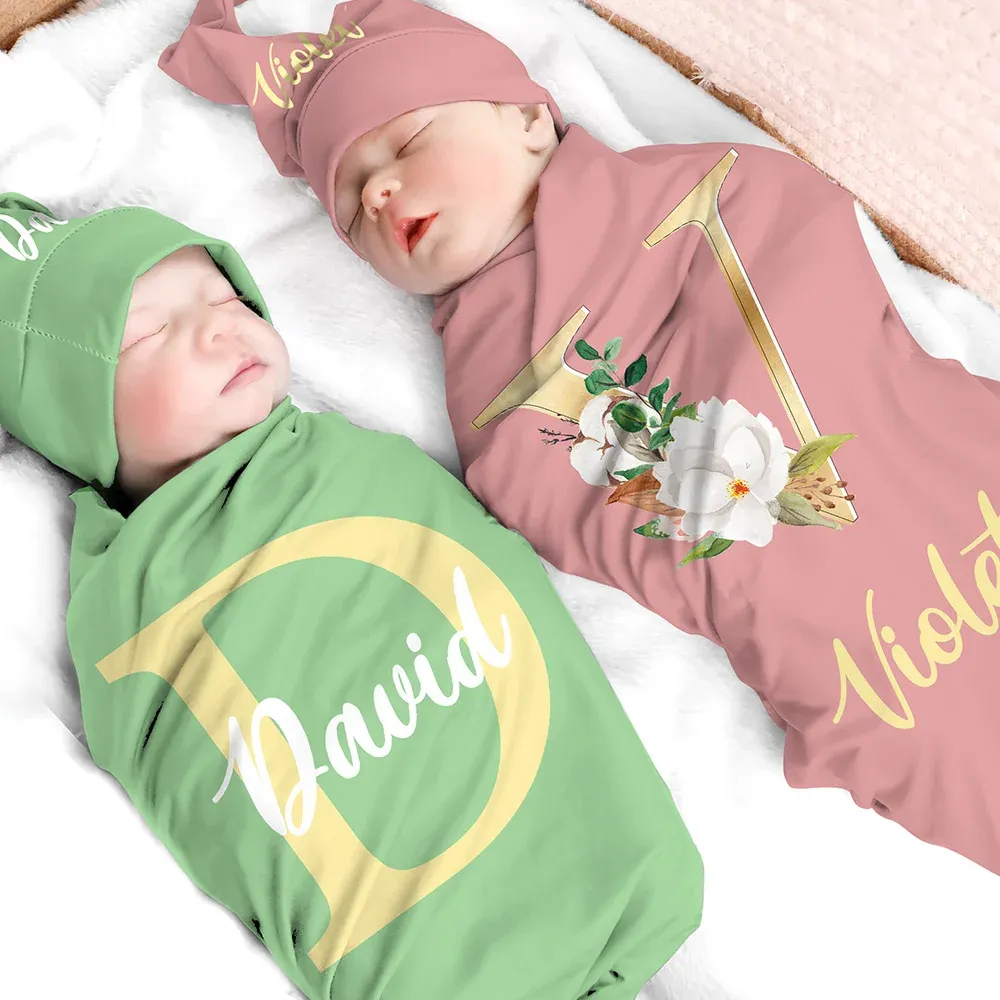 Personalized Multicolor 100% Cotton Flower Initials Swaddle and Bonnet Set Newborn Baby Christening Birthday Gift