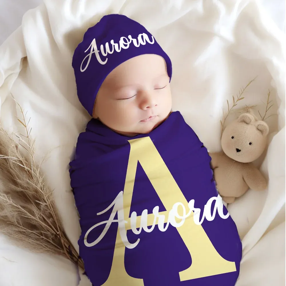 Personalized Multicolor 100% Cotton Flower Initials Swaddle and Bonnet Set Newborn Baby Christening Birthday Gift